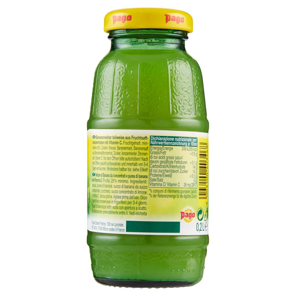 Pago Succo di Frutta, Banana Nettare, Bottiglia Vetro Monodose 20 Cl