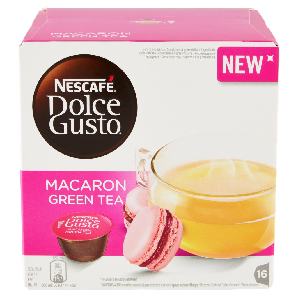 NESCAFÉ DOLCE GUSTO MACARON GREEN TEA Tè verde al gusto di macaron al lampone 16 capsule (16 tazze)