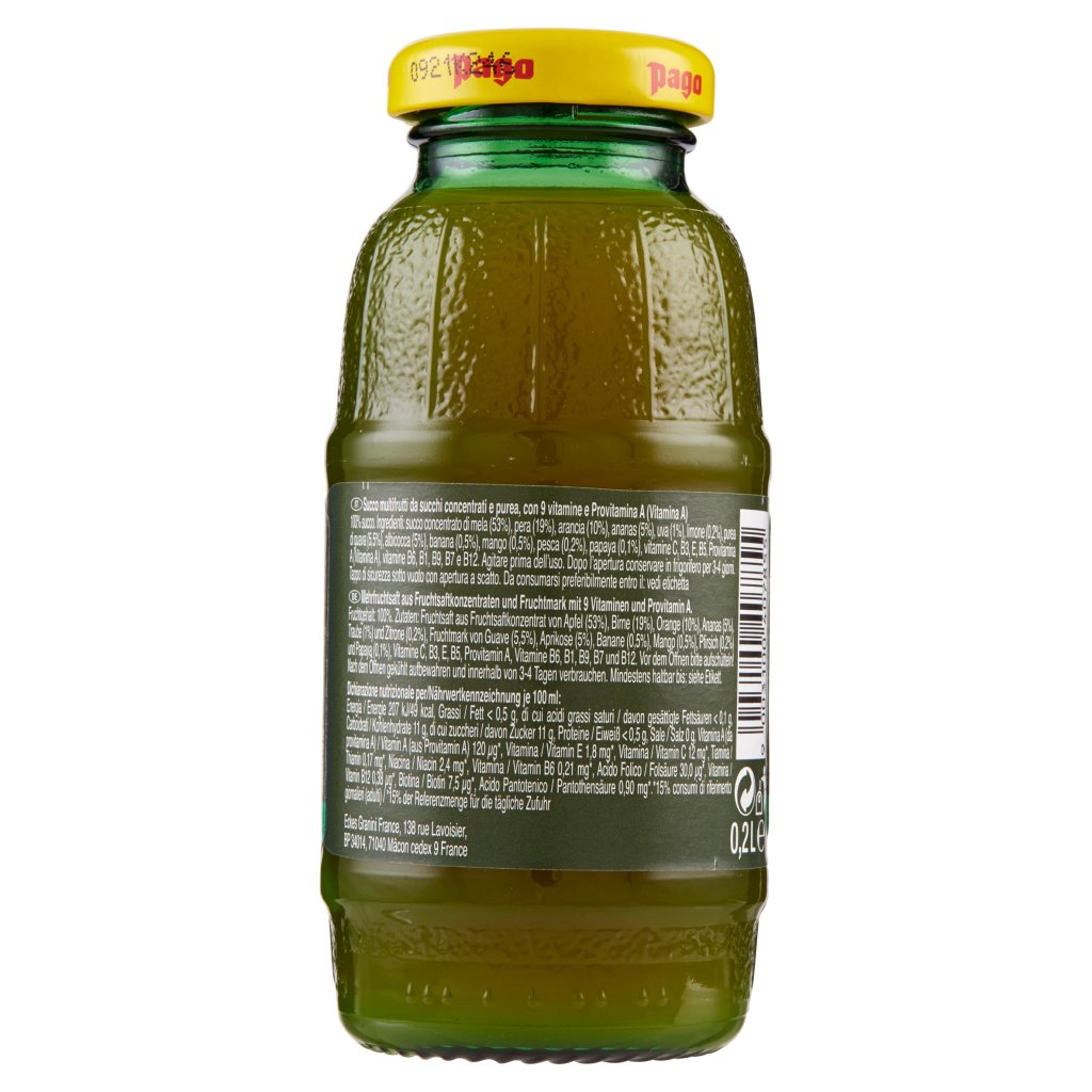 Pago Succo di Frutta, Cocktail Multivitaminico 100%, Bottiglia Vetro Monodose 20 Cl