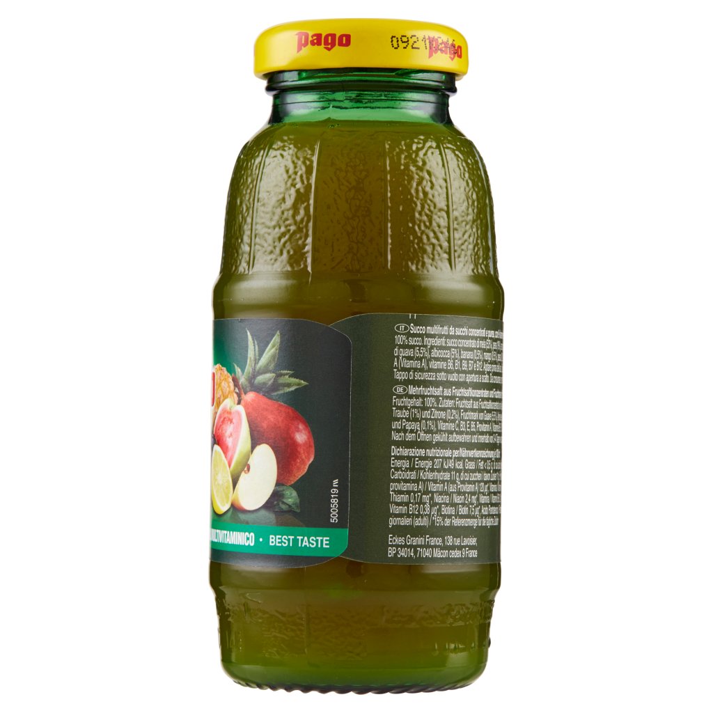 Pago Succo di Frutta, Cocktail Multivitaminico 100%, Bottiglia Vetro Monodose 20 Cl