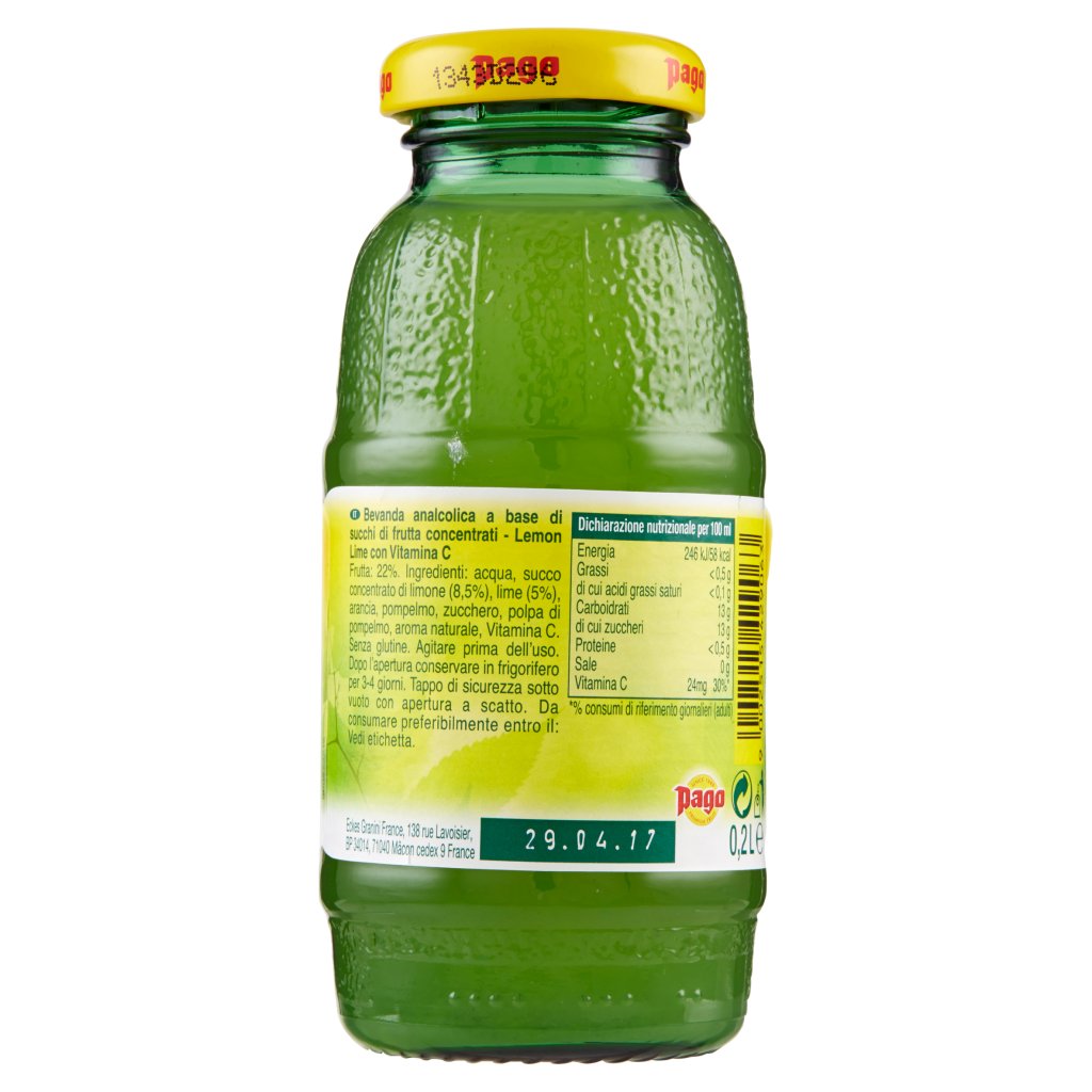 Pago Succo di Frutta, Limone - Lime, Bottiglia Vetro Monodose 20 Cl