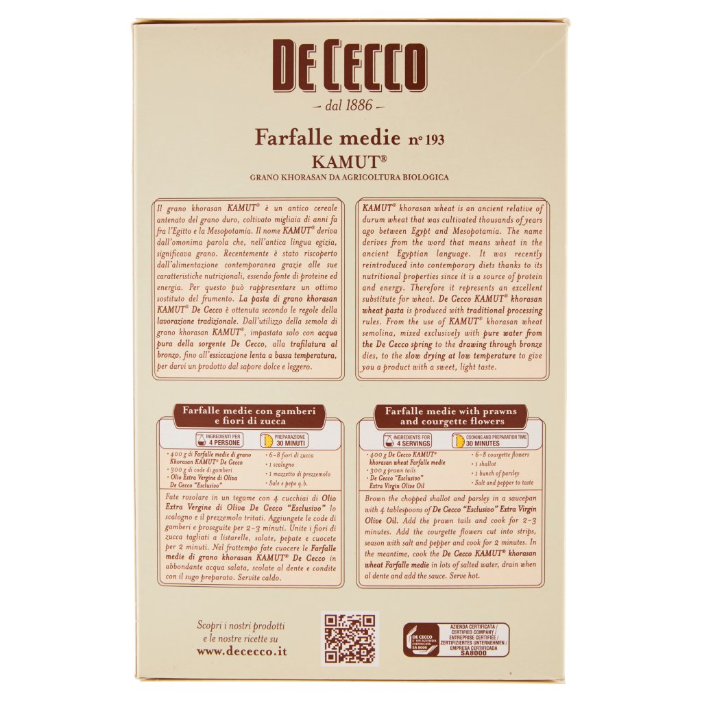 De Cecco Kamut Farfalle Medie N° 193